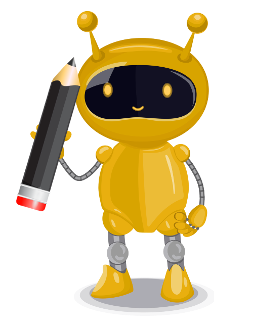 Happy yellow robot holding pencil